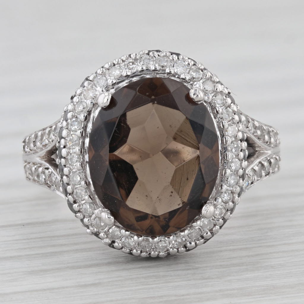 Gray 4.13ctw Oval Smoky Quartz Diamond Halo Ring 14k White Gold Size 7.25