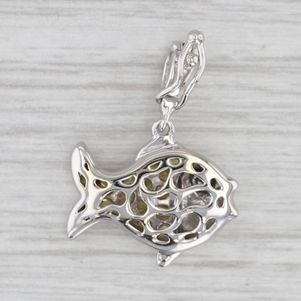 Diamond Yellow Sapphire Fish Pendant 14k White Gold Small Charm Clip Bail