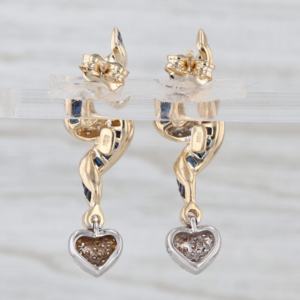 0.75ctw Blue Sapphire Diamond Heart Dangle Earrings 14k Yellow White Gold Drops