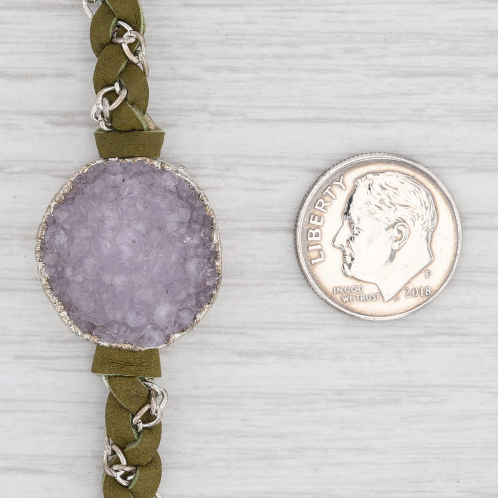 New Nina Wynn Cordelia Necklace White Druzy Quartz Pendant Woven Green Leather