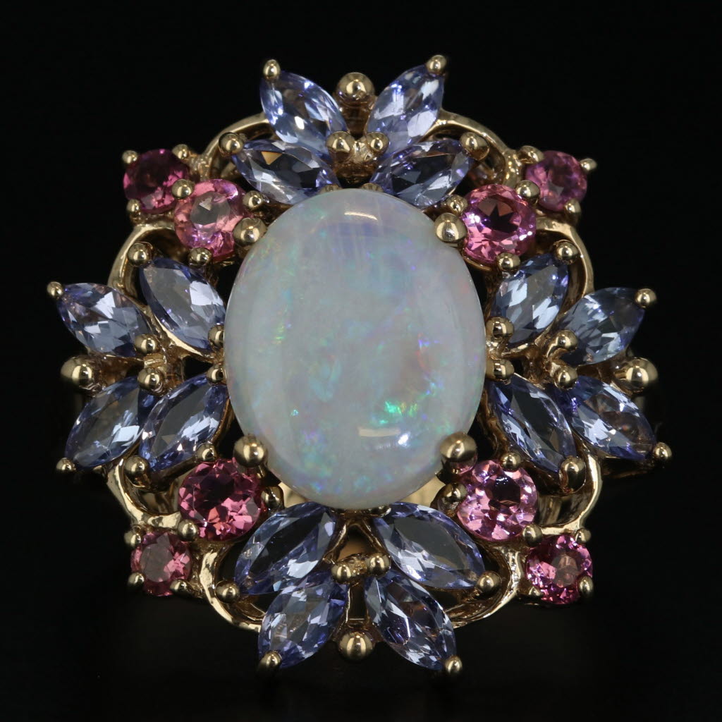 Dark Gray Opal 1.72ctw Pink Tourmaline Tanzanite Cluster Ring 10k Yellow Gold Size 6