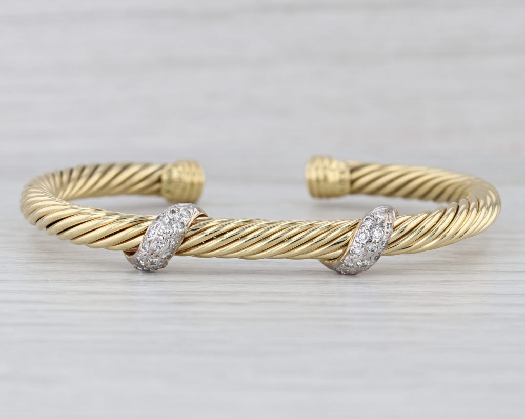 David Yurman 0.30ctw Diamond Cable Cuff Bracelet 18k Yellow Gold 6" Flexible