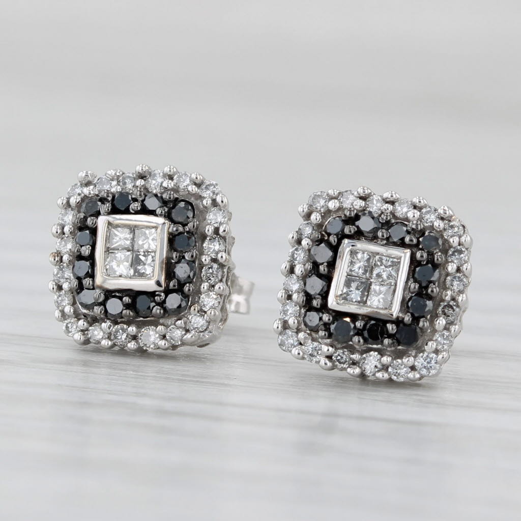 Light Gray 0.38ctw Black White Diamond Halo Stud Earrings 10k White Gold