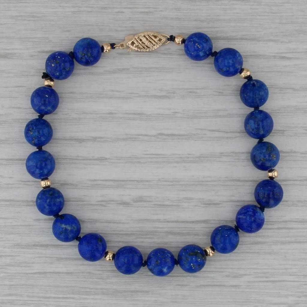 Blue Lapis Lazuli Bead Bracelet 14k Yellow Gold 7.25" 8mm