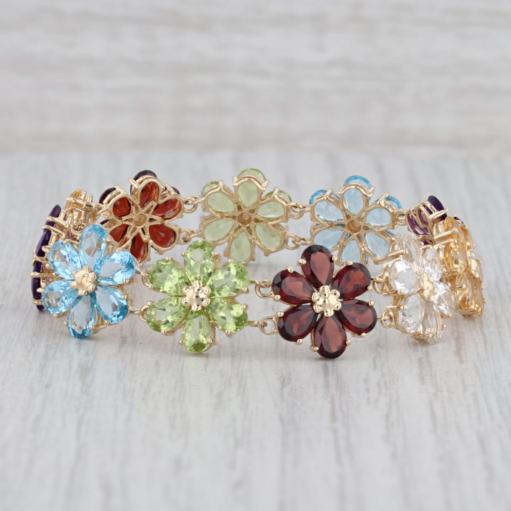 Gray 24.50ctw Gemstone Flower Bracelet 14k Gold Topaz Amethyst Peridot Garnet Citrine