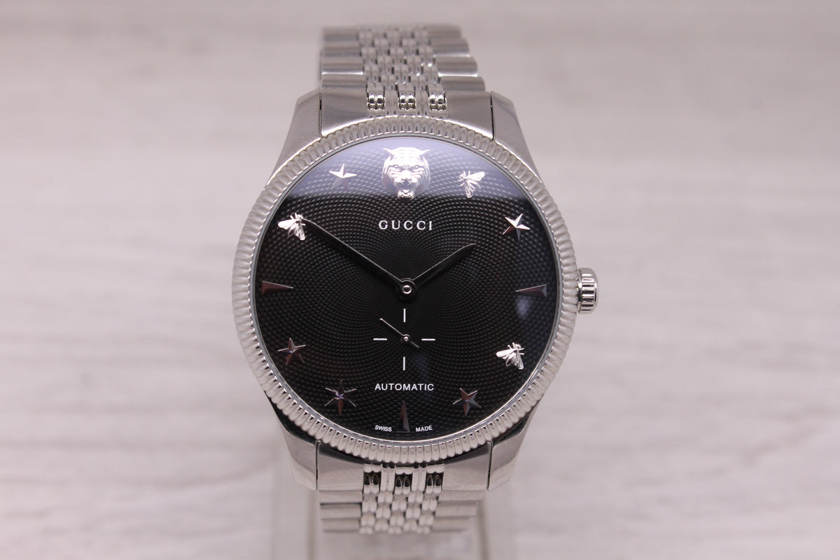 Gucci G-Timeless 40mm Steel Automatic Watch YA126353 Black Waffle Dial Box Set