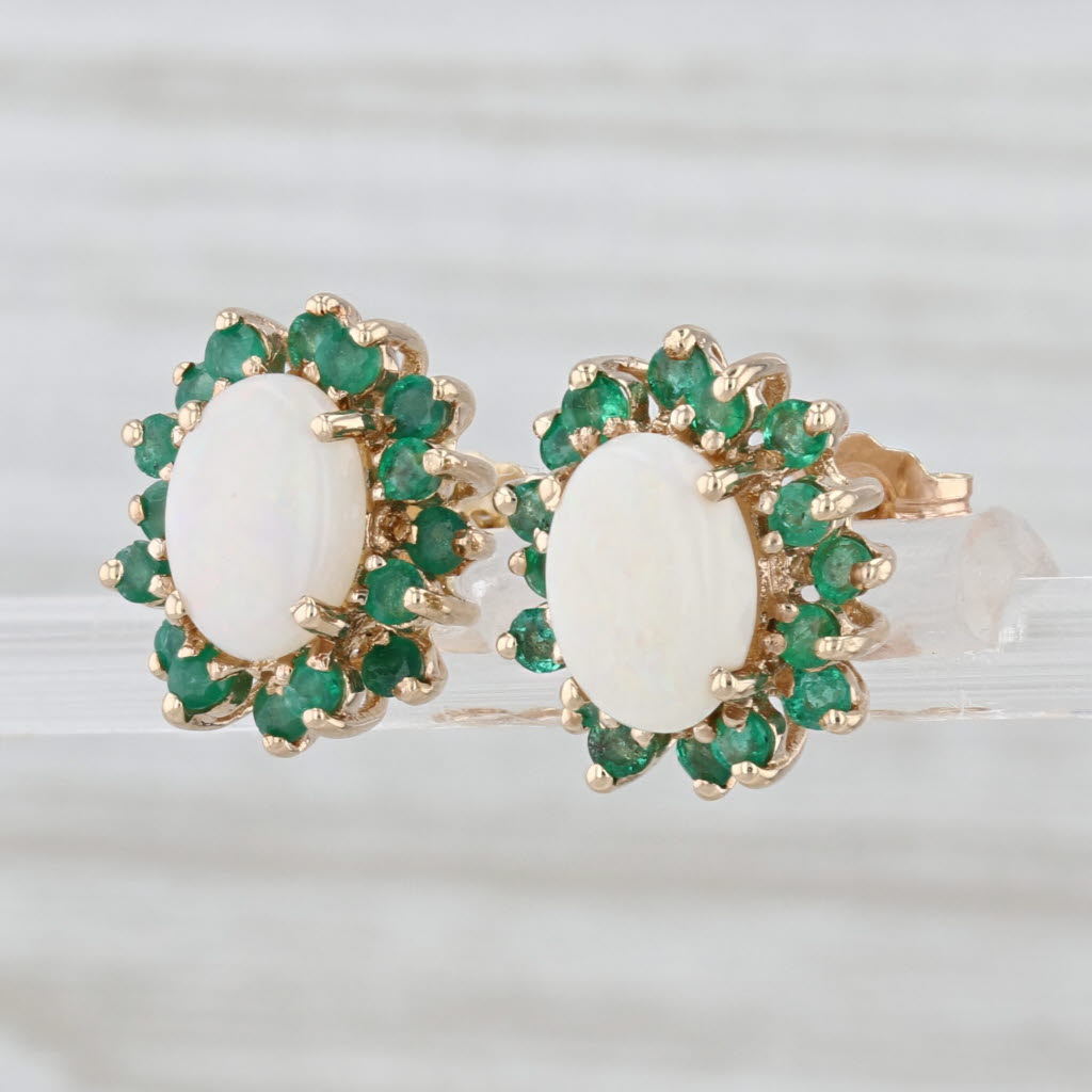 Oval Opal Emerald Halo Stud Earrings 10k Yellow Gold