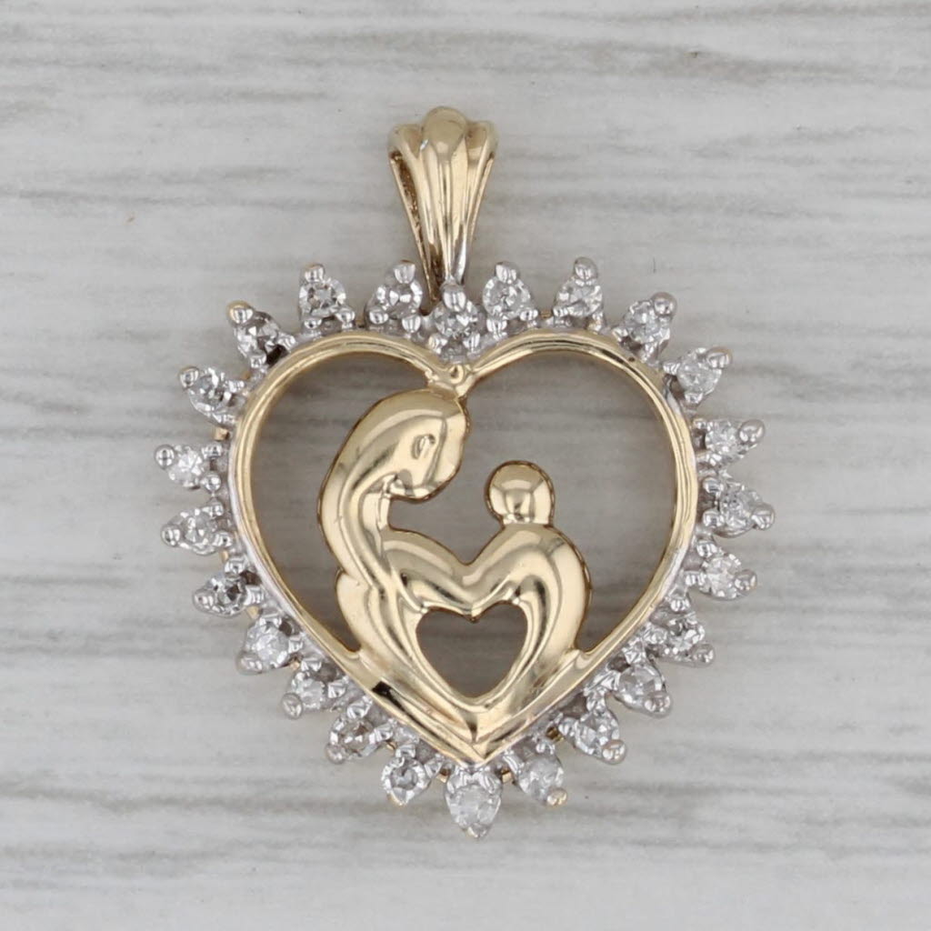 Gray 0.20ctw Diamond Framed Mother & Child Heart Pendant 10k Yellow Gold