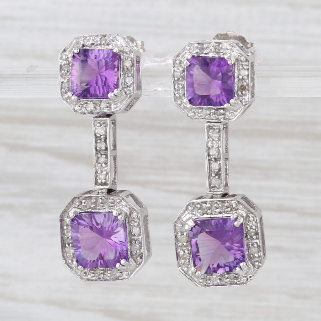 4.16ctw Amethyst Diamond Halo Drop Earrings 10k White Gold