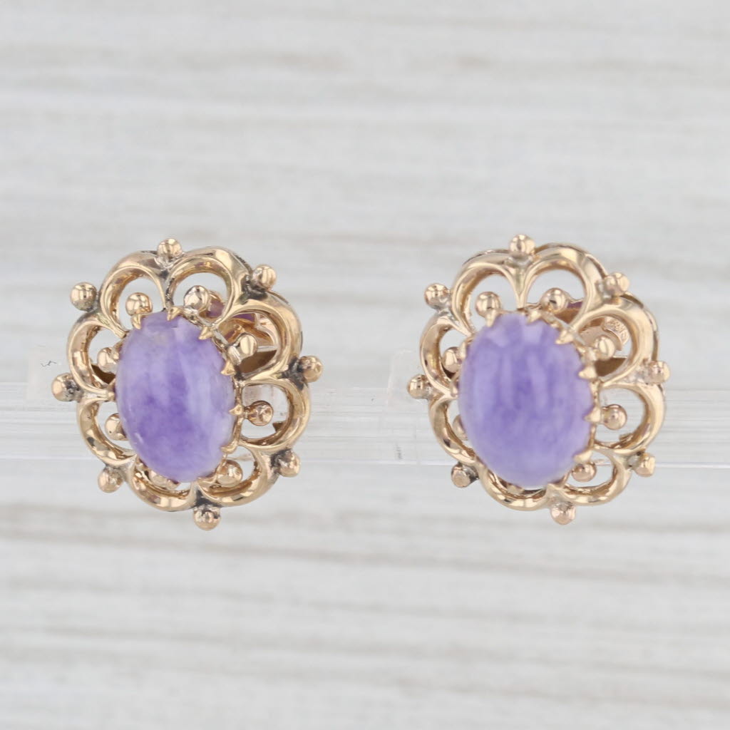 Light Gray Lavender Jadeite Jade Earrings 10k Yellow Gold Oval Cabochon Openwork Studs