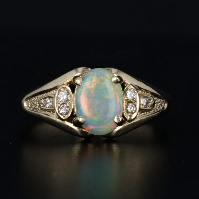 Black Opal Diamond Ring 14k Yellow Gold Size 6.75 Oval Cabochon Solitaire