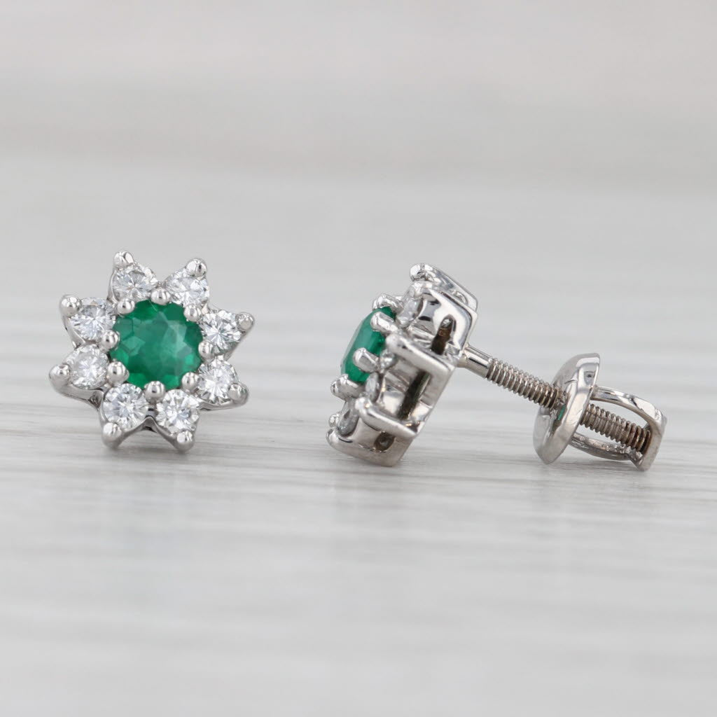Light Gray 1ctw Emerald Diamond Halo Flower Stud Earrings 14k White Gold