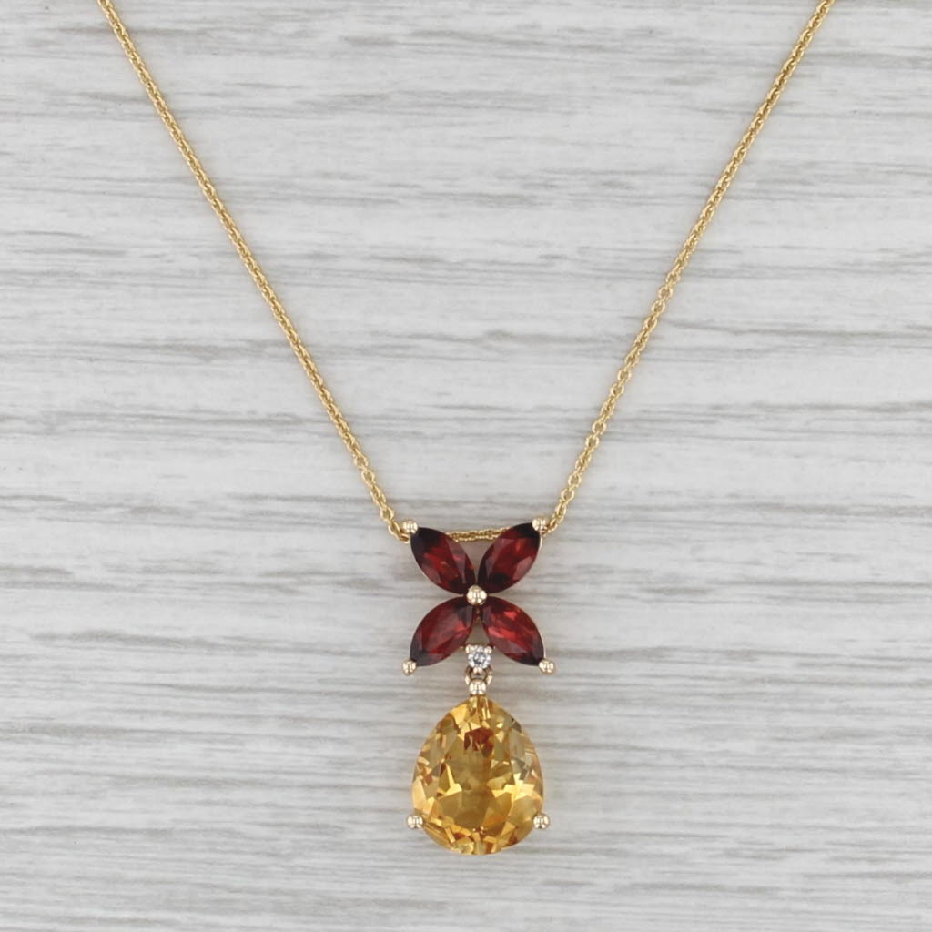 6.04ctw Garnet Flower Citrine Teardrop Pendant Necklace 14k Yellow Gold 18"