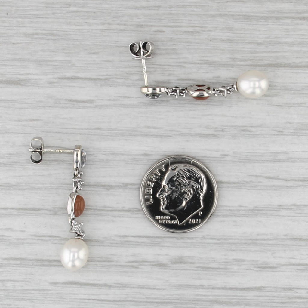 Moonstone Diamond Cultured Pearl Dangle Earrings 14k White Gold Drops
