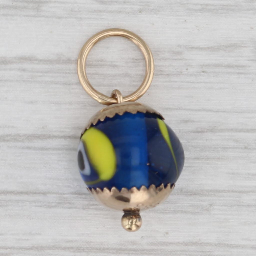 Gray Vintage Glass All Seeing Eye Pendant 9k Yellow Gold Sphere Bead Charm