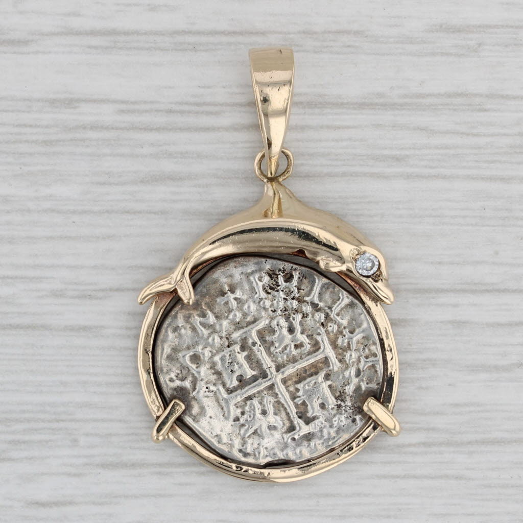 Gray Ancient Coin Copy Dolphin Bezel Pendant Cubic Zirconia 10k Gold Sterling Silver