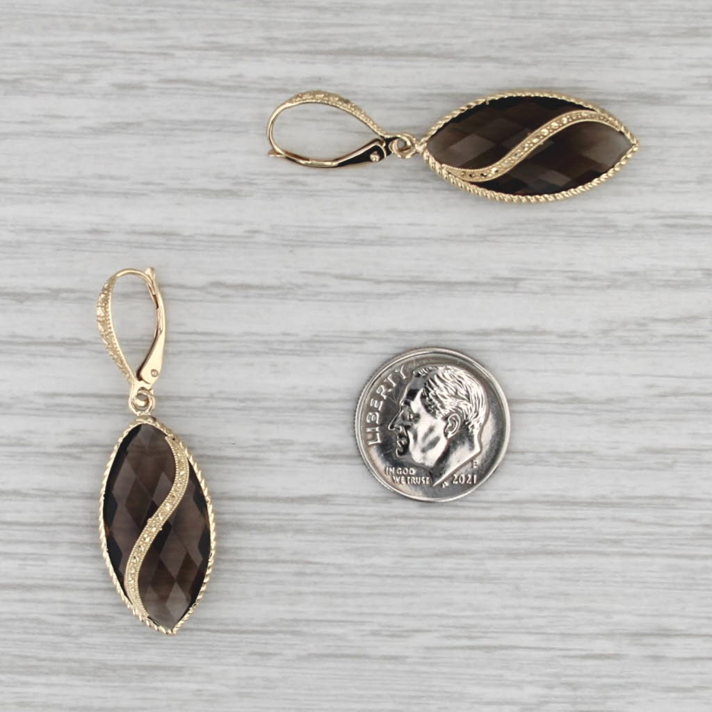 19.50ctw Smoky Quartz Marquise Dangle Earrings 14k Yellow Gold Lever Backs