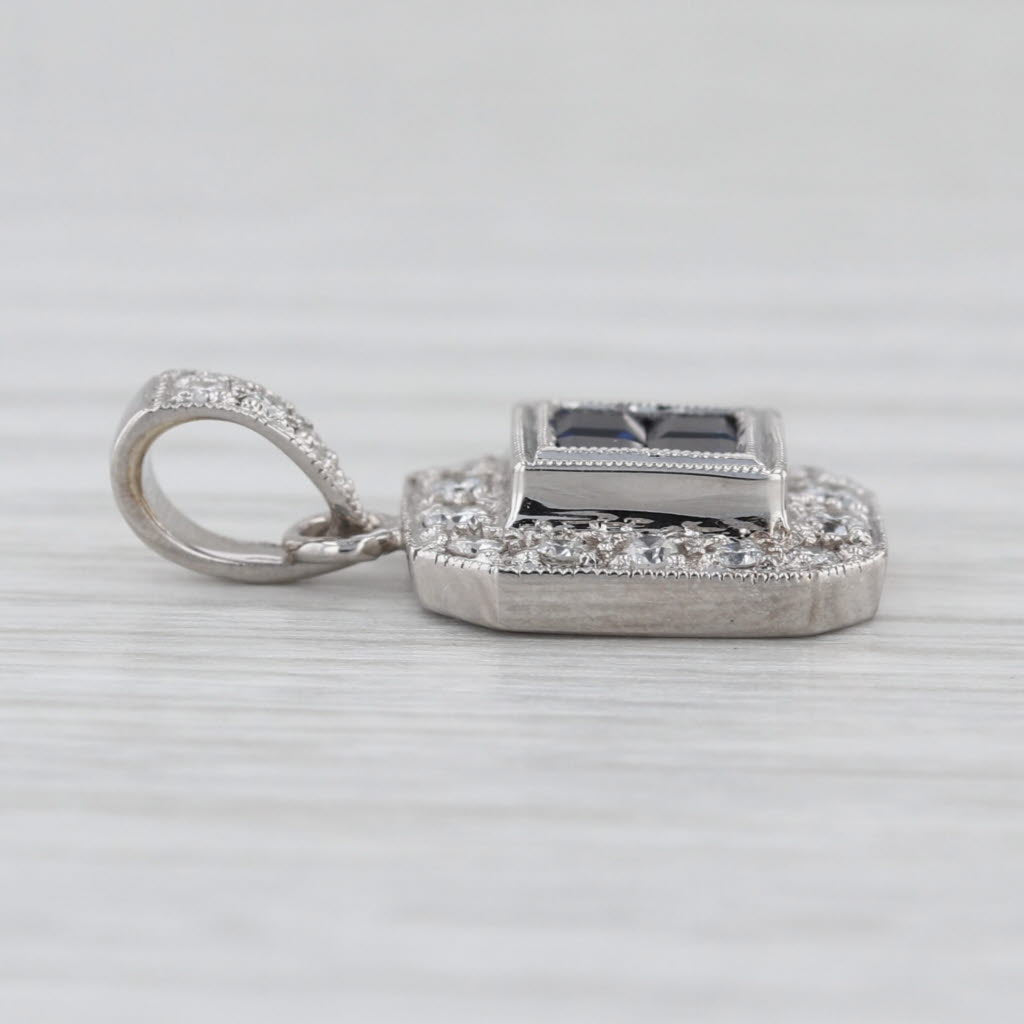 0.75ctw Blue Sapphire Diamond Halo Pendant 18k White Gold Small Drop