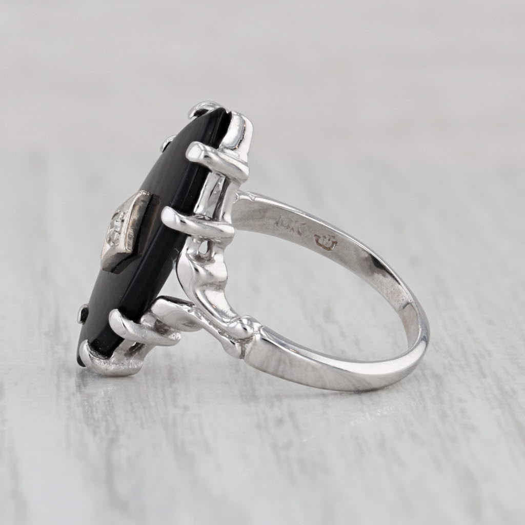 Marquise Onyx Signet Ring 10k White Gold Size 5.5 Diamond Accent