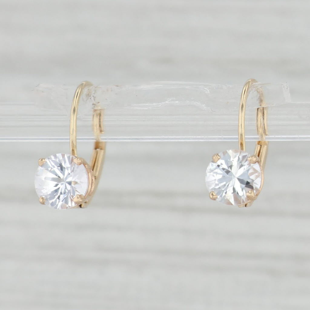 Light Gray 1.56ctw White Sapphire Earrings 14k Yellow Gold Leverback Round Solitaire Drops