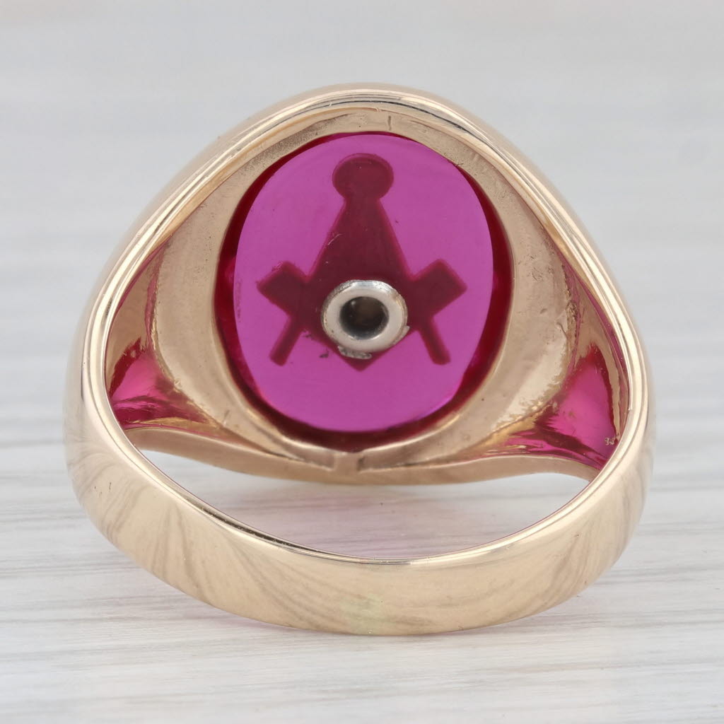 Gray Lab Created Ruby Masonic Signet Ring 10k Yellow Gold Size 10.25 Blue Lodge