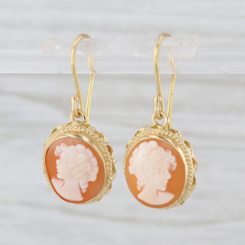 Vintage Carved Shell Cameo Dangle Earrings 18k Yellow Gold Hook Posts