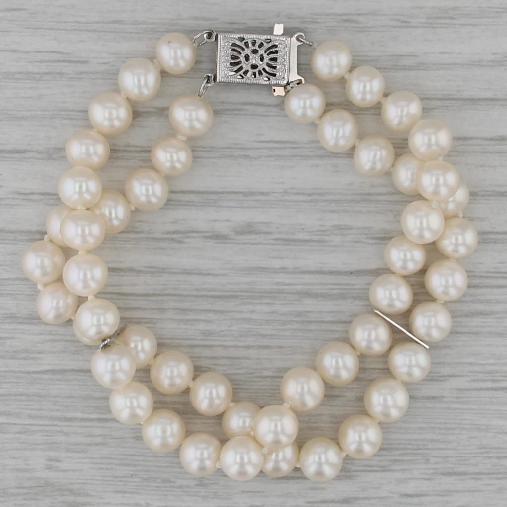 Vintage 2-Strand Cultured Pearl Bracelet 14k White Gold Filigree Clasp 6.75"