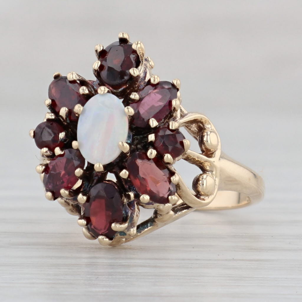 Gray Opal Garnet Flower Ring 10k Yellow Gold Size 6.25