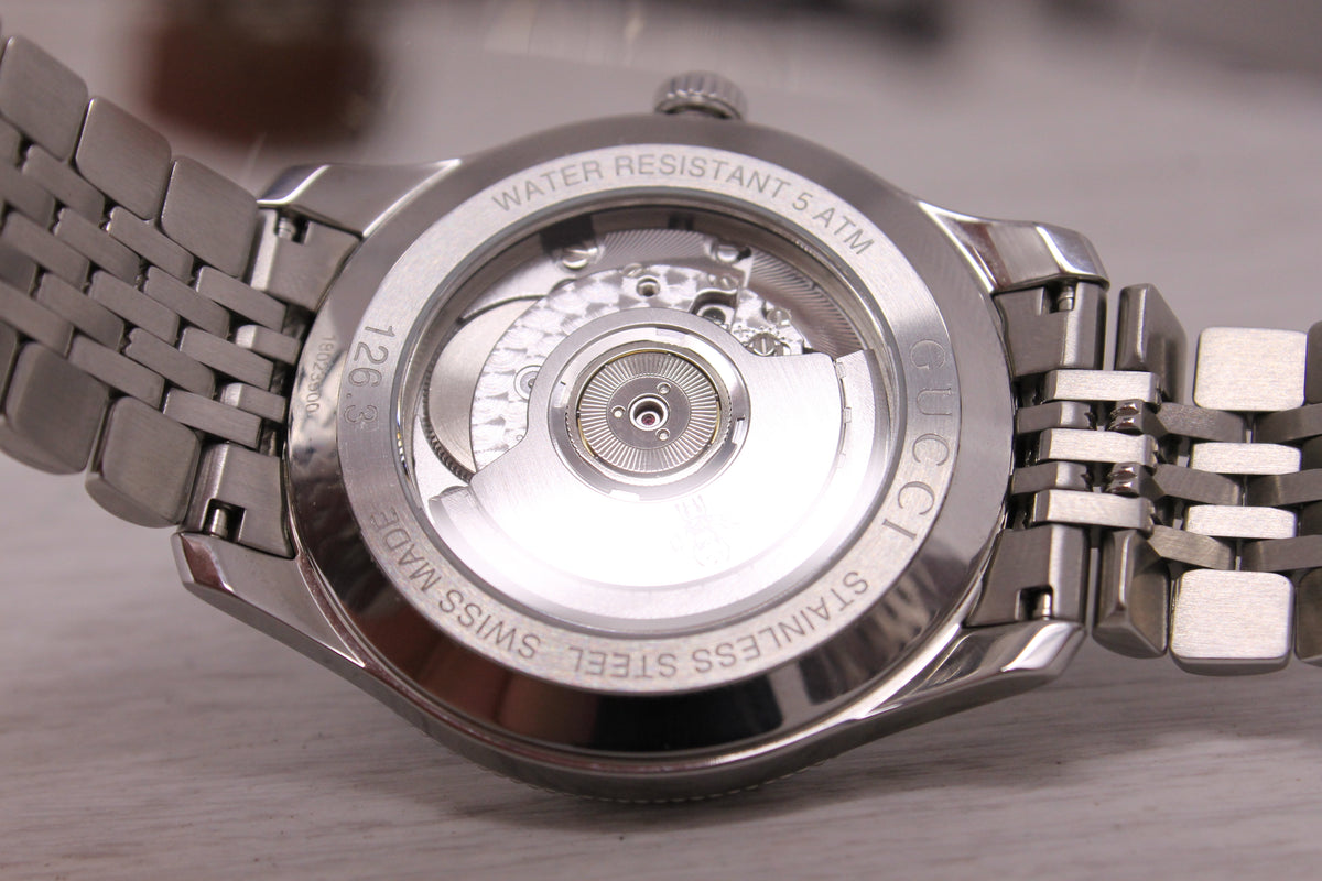 Gucci G-Timeless 40mm Steel Automatic Watch YA126353 Black Waffle Dial Box Set