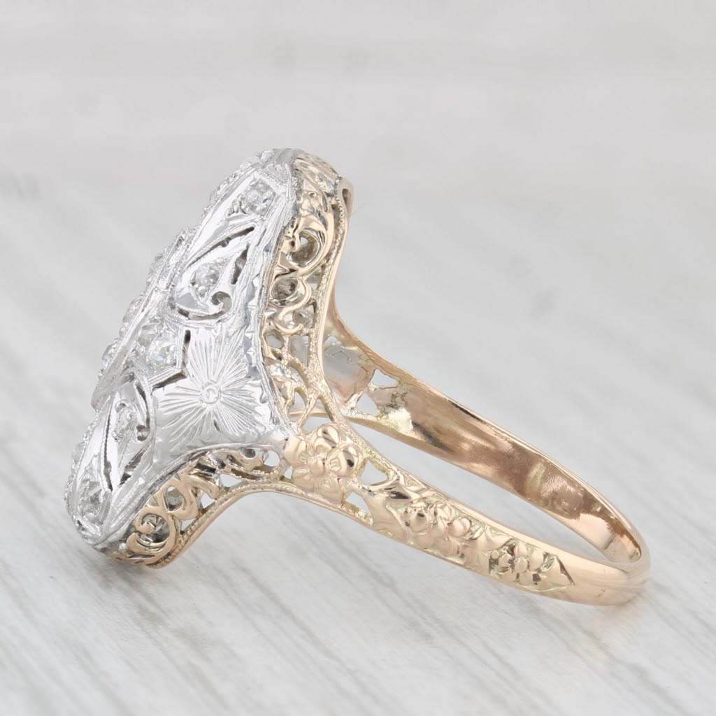 Light Gray Antique Ornate Diamond Ring 10k Gold Palladium Filigree Repousse Size 10.25
