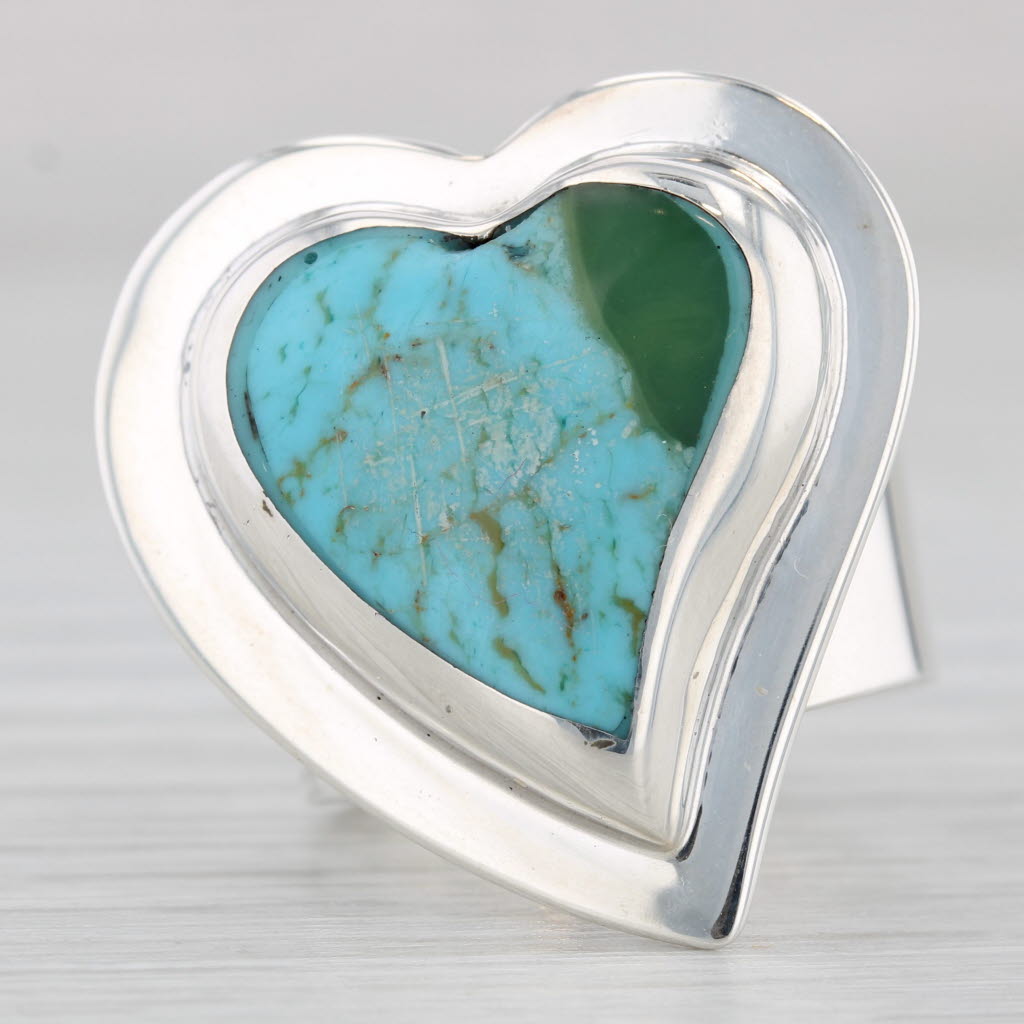 Light Gray Vintage Imitation Turquoise Heart Sterling SIlver Ring Size 6.5