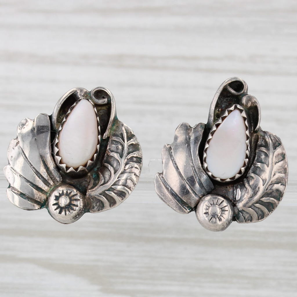 Light Gray Mother of Pearl Feather Stud Earrings Sterling Silver Vintage Native American