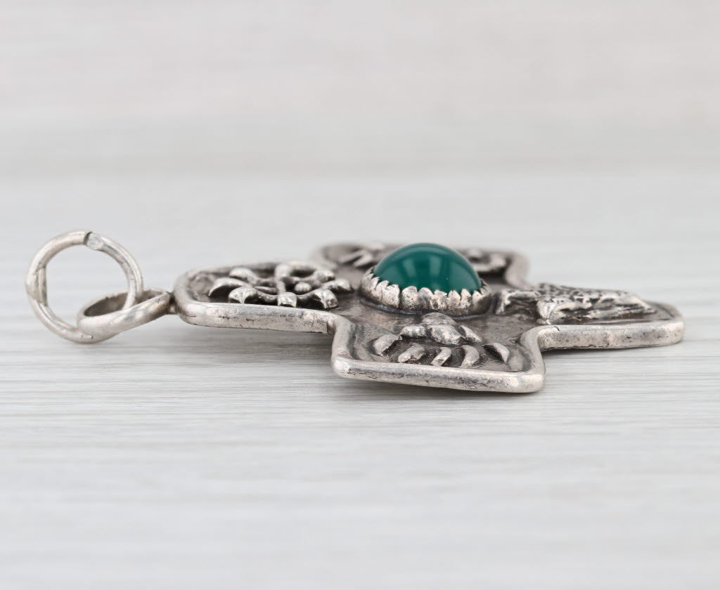 Green Chalcedony Tribal Cross Pendant Sterling Silver Medallion Statement