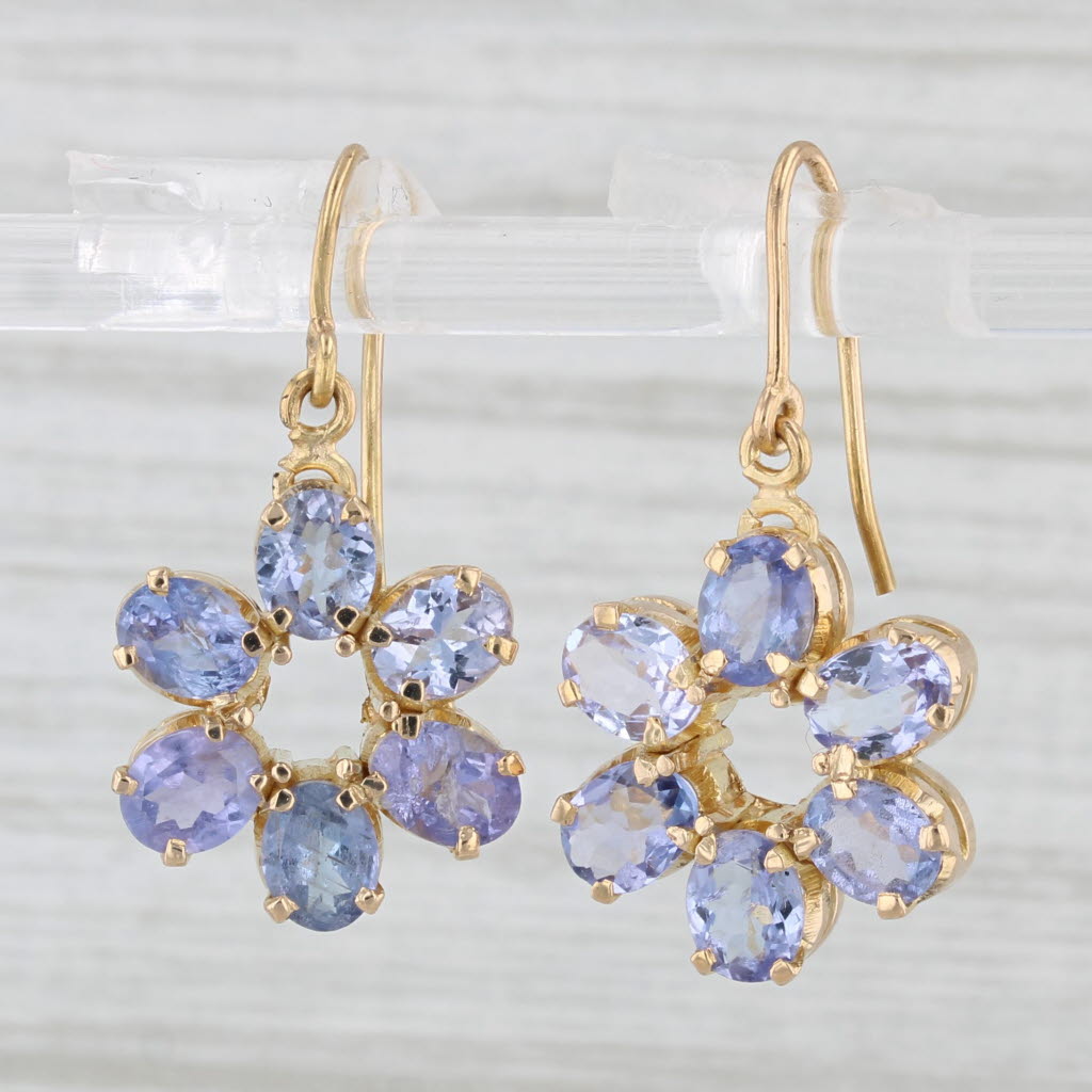 Light Gray 4ctw Tanzanite Flower Dangle Earrings 18k Yellow Gold Hook Post Drops