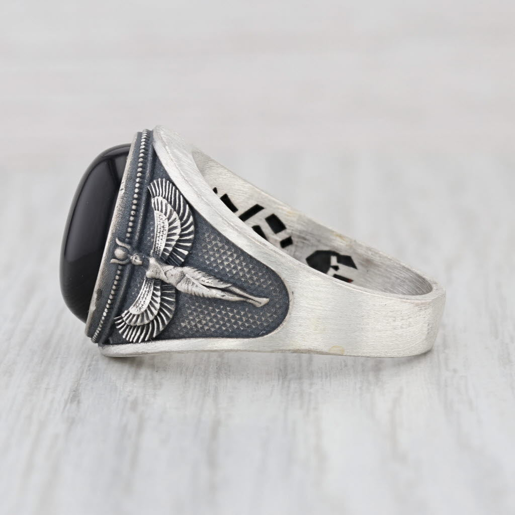 Onyx Sterling Silver Ring Size 12.5 Winged Figure Tribal Egyptian Goddess
