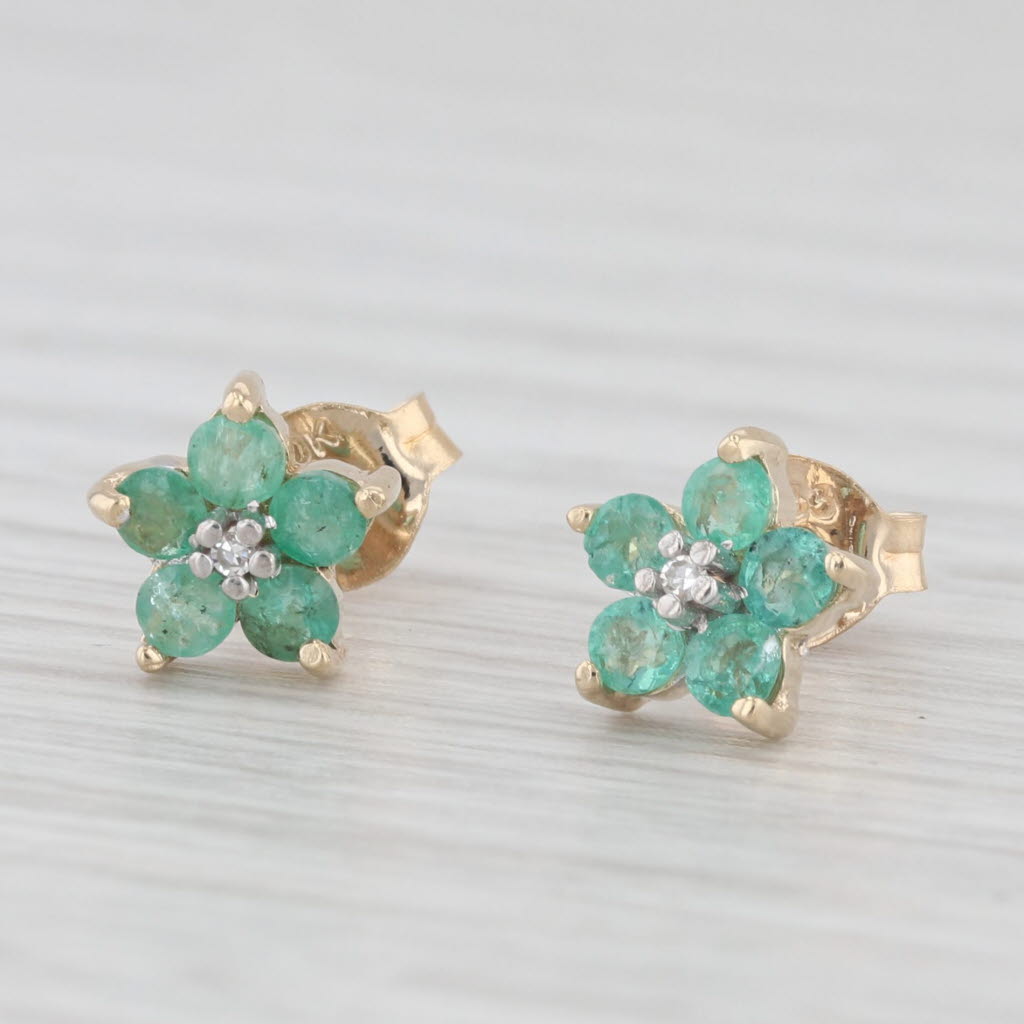 Light Gray 0.40ctw Emerald Diamond Flower Stud Earrings 10k Yellow Gold