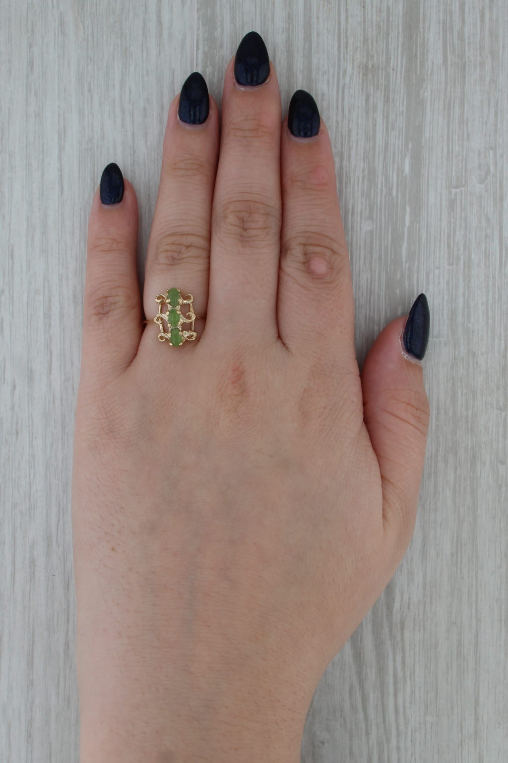 3-Stone Green Nephrite Jade Ring 14k Yellow Gold Size 6.5