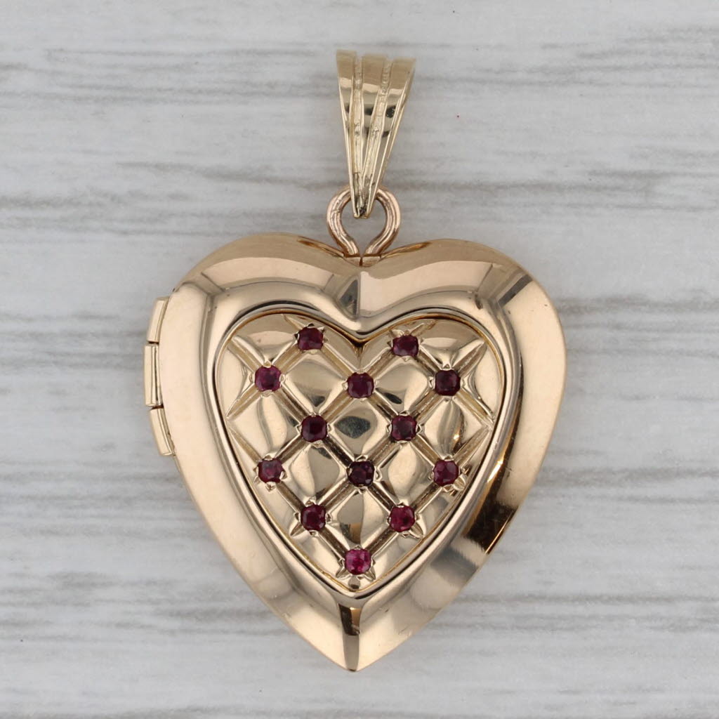 Ruby Heart Pictured Locket Pendant 14k Yellow Gold Opens Engravable
