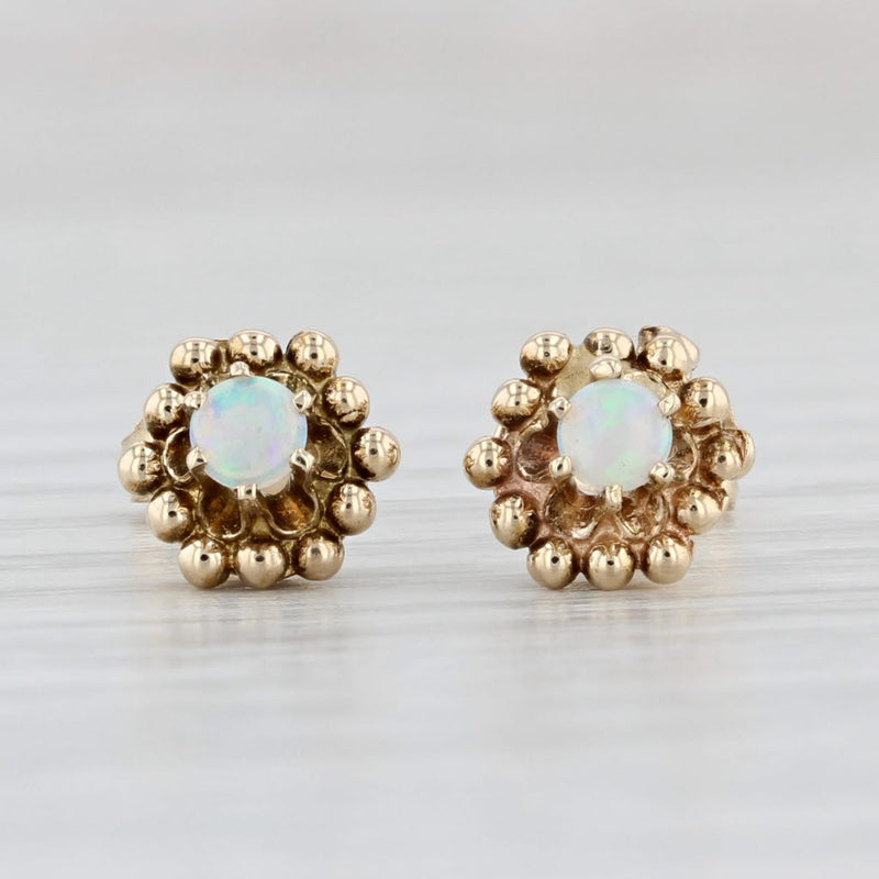 Light Gray Opal Solitaire Stud Earrings 14k Yellow Gold Round Cabochon