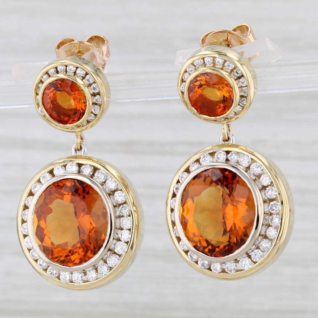 Light Gray 13.70ctw Orange Citrine Diamond Halo Dangle Earrings 18k Yellow Gold Drops