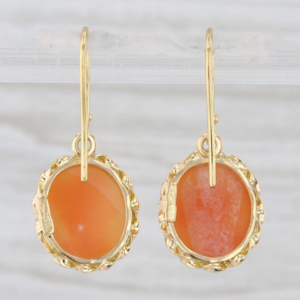 Vintage Carved Shell Cameo Dangle Earrings 18k Yellow Gold Hook Posts