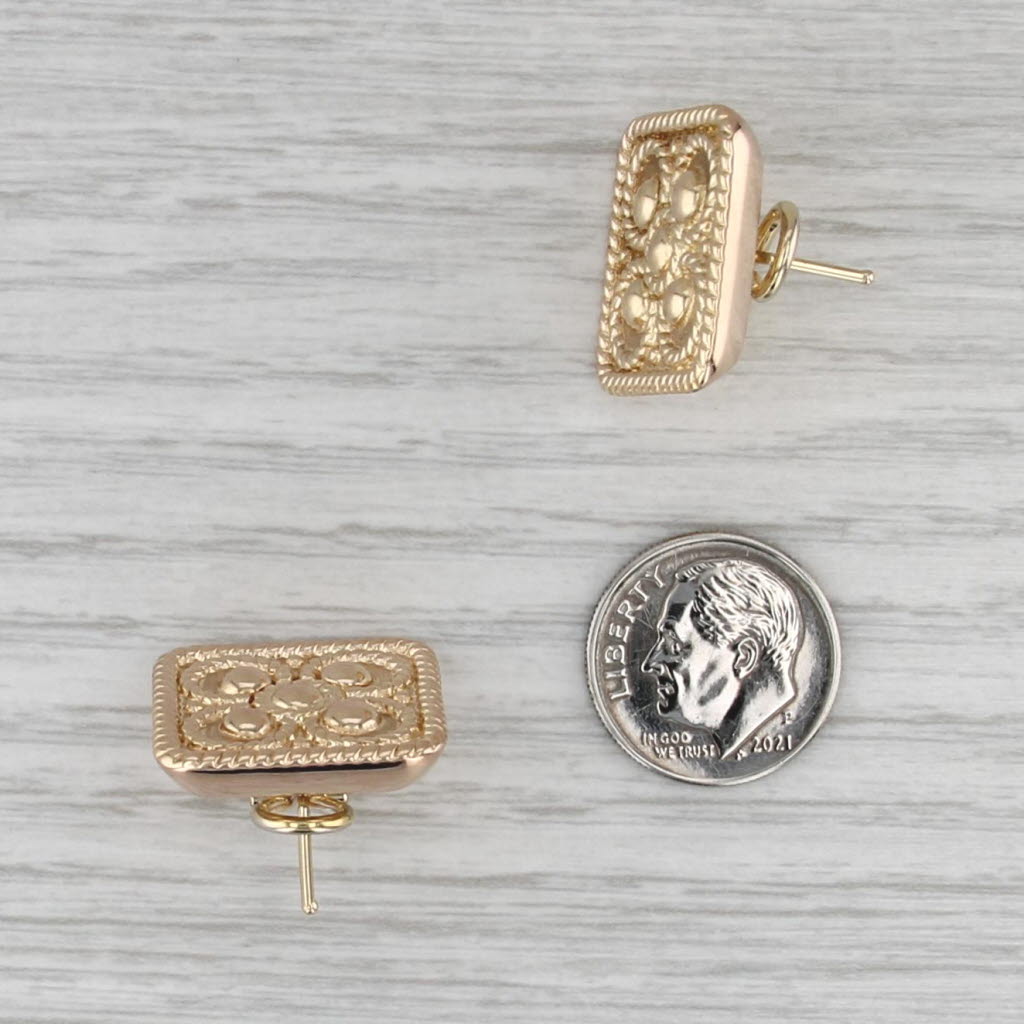 Milor Italy Ornate Square Stud Earrings 14k Yellow Gold Omega Backs Light Weight