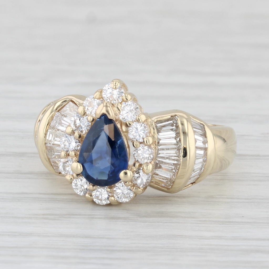 Light Gray 1.61ctw Blue Sapphire Diamond Halo Teardrop Ring 14k Yellow Gold Size 5