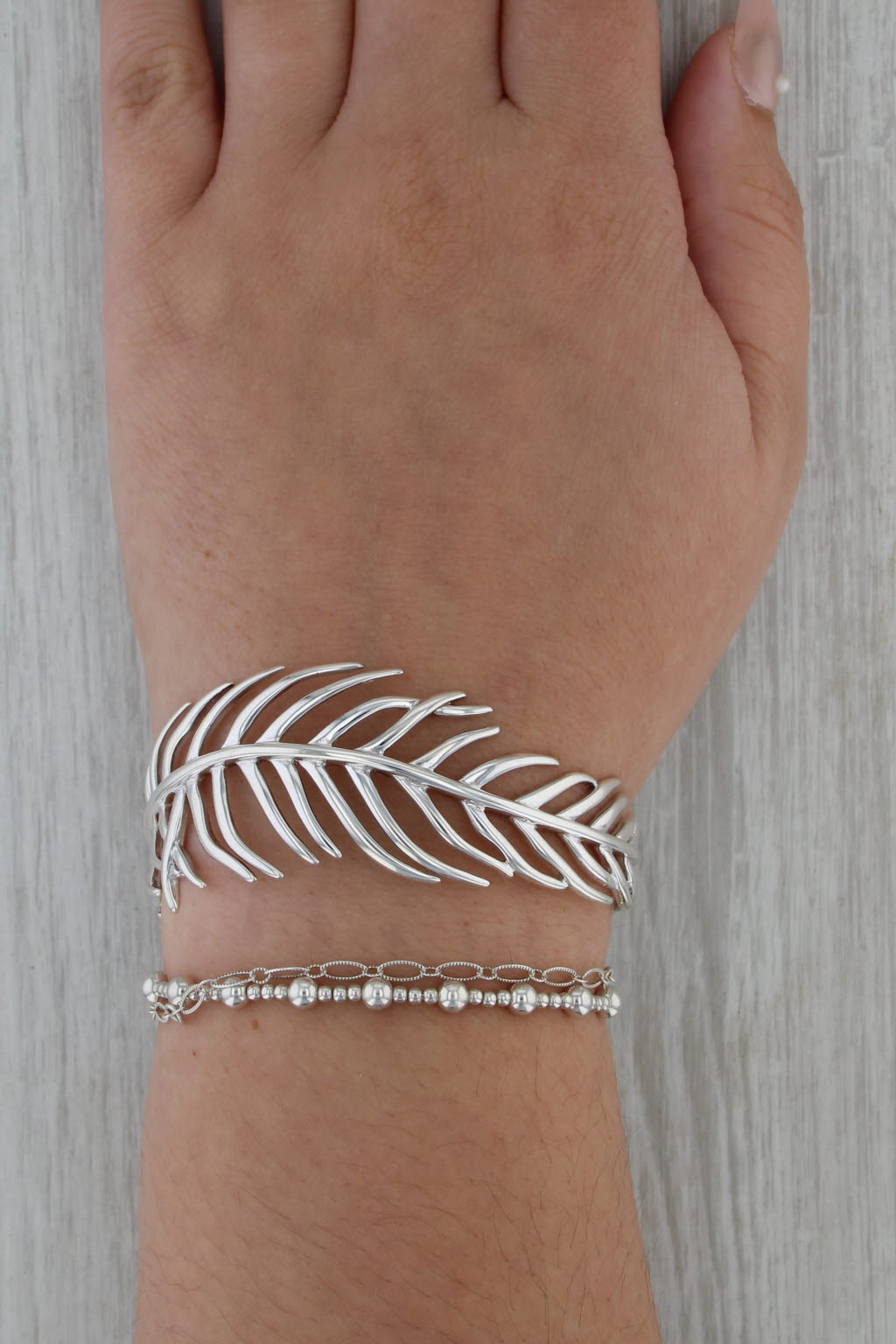 Feather Style Cuff Bracelet Sterling Silver Statement 7" 26.3mm