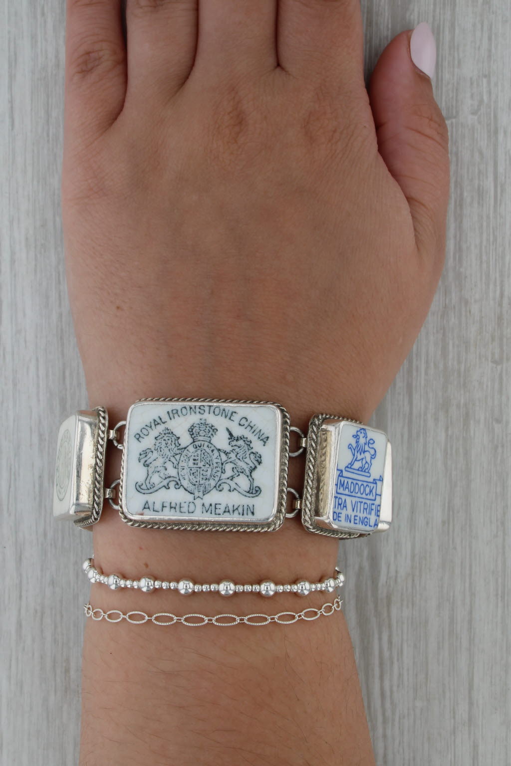 Jacqueline Smiley Ceramic Panel Bracelet Sterling Silver 7.25-8.25" Statment