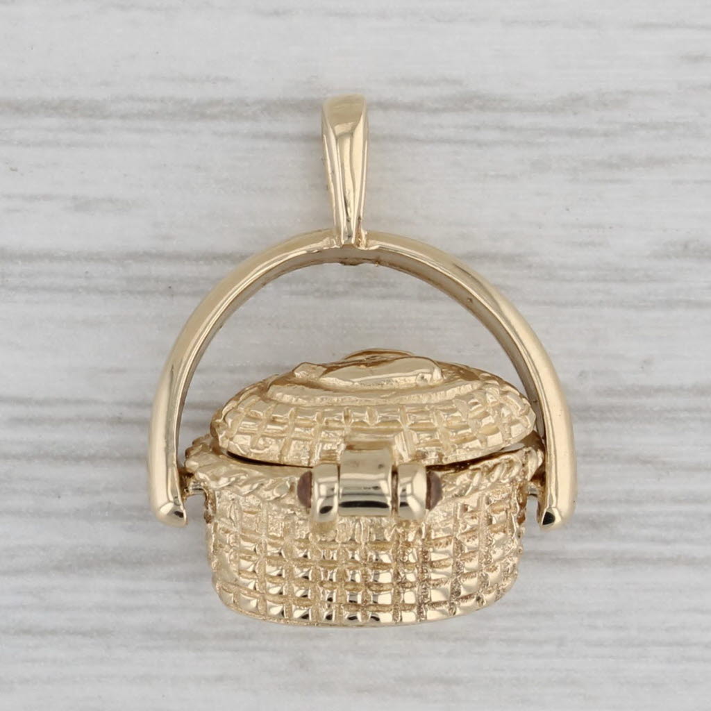 Gray Nantucket Picnic Basket Pendant 14k Yellow Gold Open Lucky Penny Inside 3D Charm