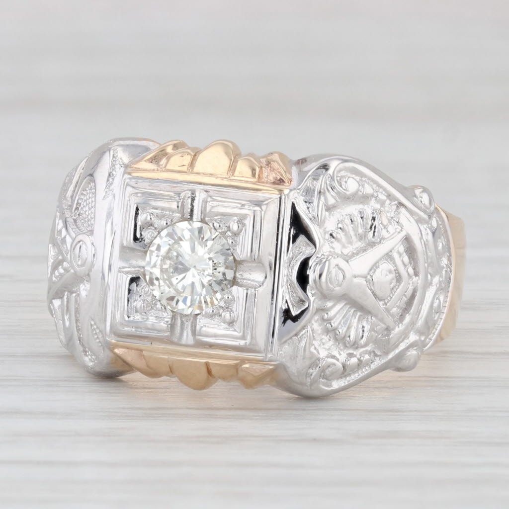 Light Gray 0.57ct Diamond Past Master Ring 14k Gold Size 11.5 Masonic Signet Square Compass