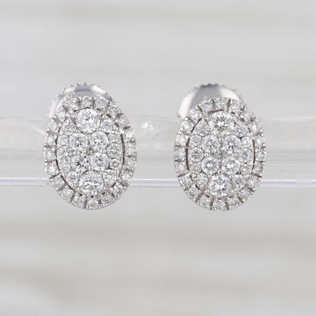 0.35ctw Diamond Cluster Halo Stud Earrings 14k White Gold Screw Backs Oval Studs