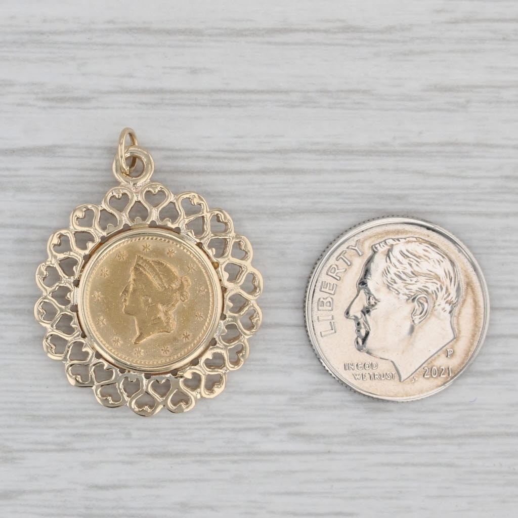 Gray Authentic One Dollar 1851 Liberty Head Coin Pendant 14k 900 Yellow Gold