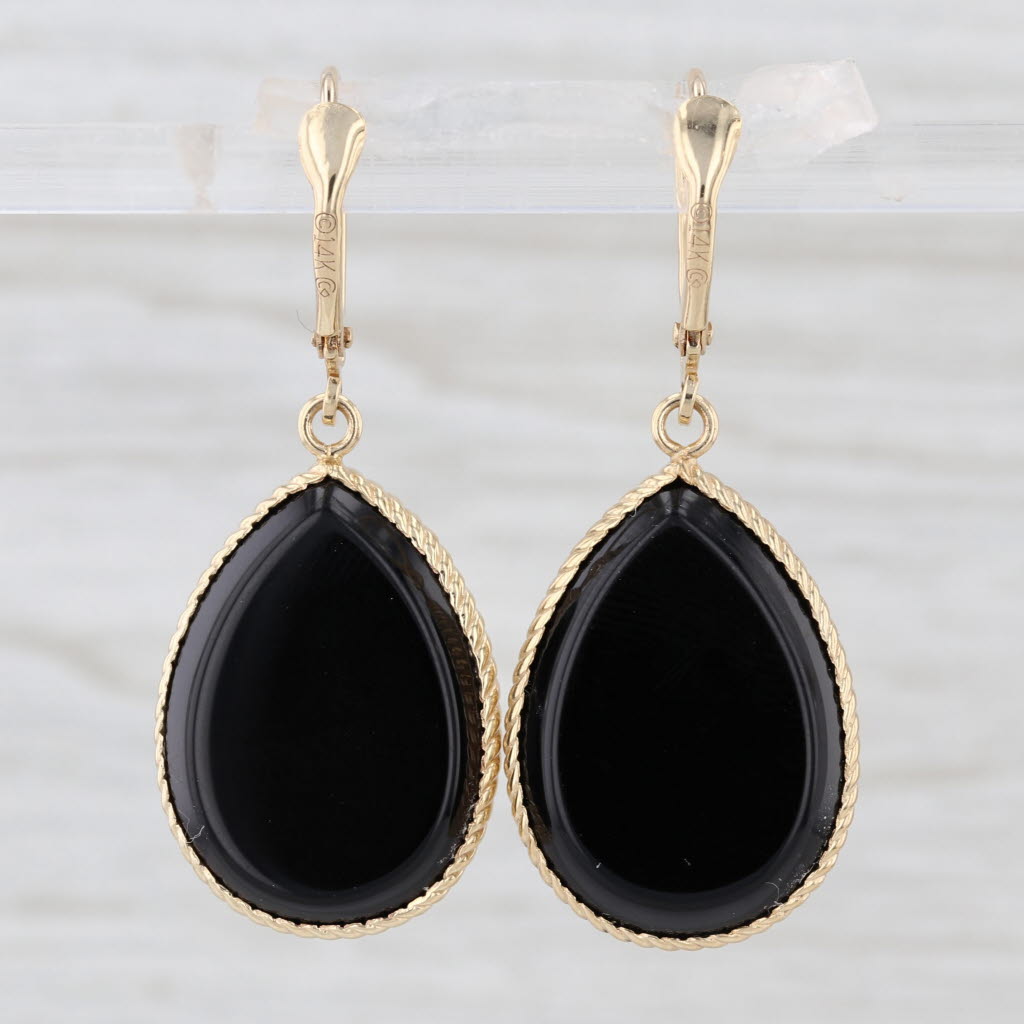 Ornate Onyx Teardrop Dangle Earrings 14k Yellow Gold Leverbacks